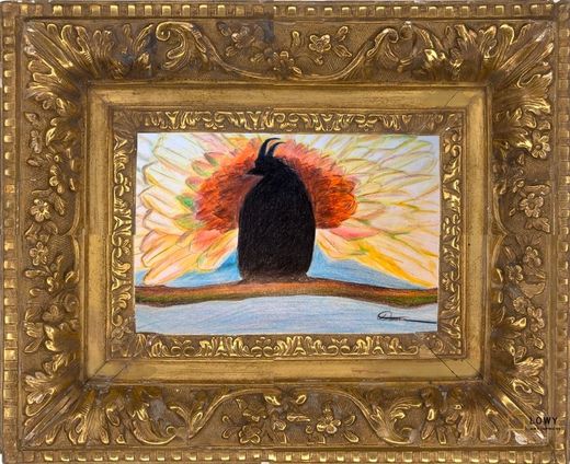 Framed abstract painting of a dark silhouette against a colorful orange-yellow burst