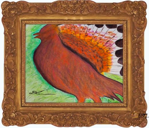 Framed painting of a red bird with orange and white wing feathers on a green background