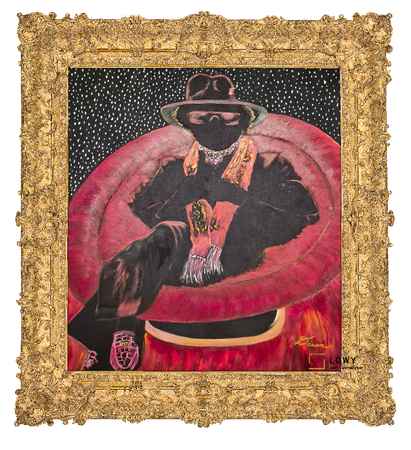 Abstract portrait in a gold frame of a dark-clad figure in a hat, seated against a pink circular backdrop.