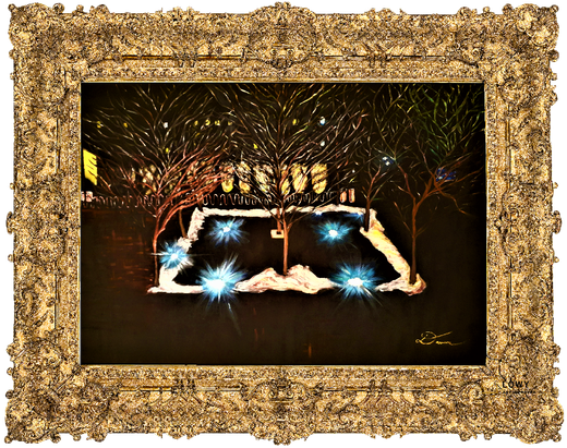 Brightly lit stage performance under trees with blue spotlights and a gold ornate frame