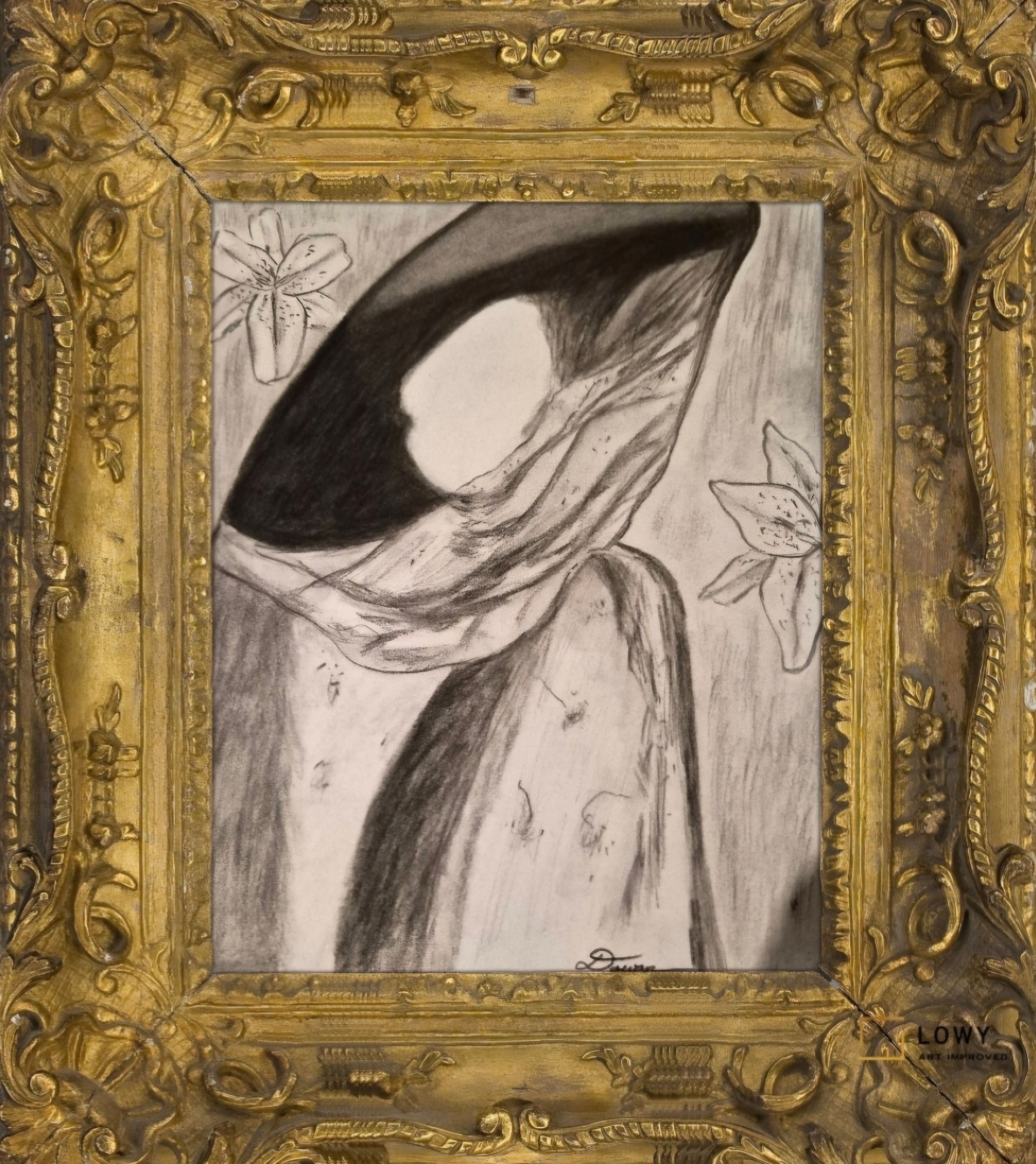 Abstract black-and-white portrait sketch in an ornate gold frame