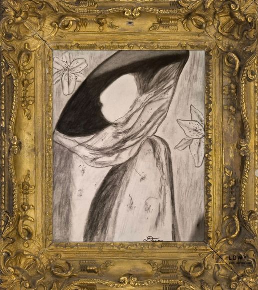 Abstract black-and-white portrait sketch in an ornate gold frame