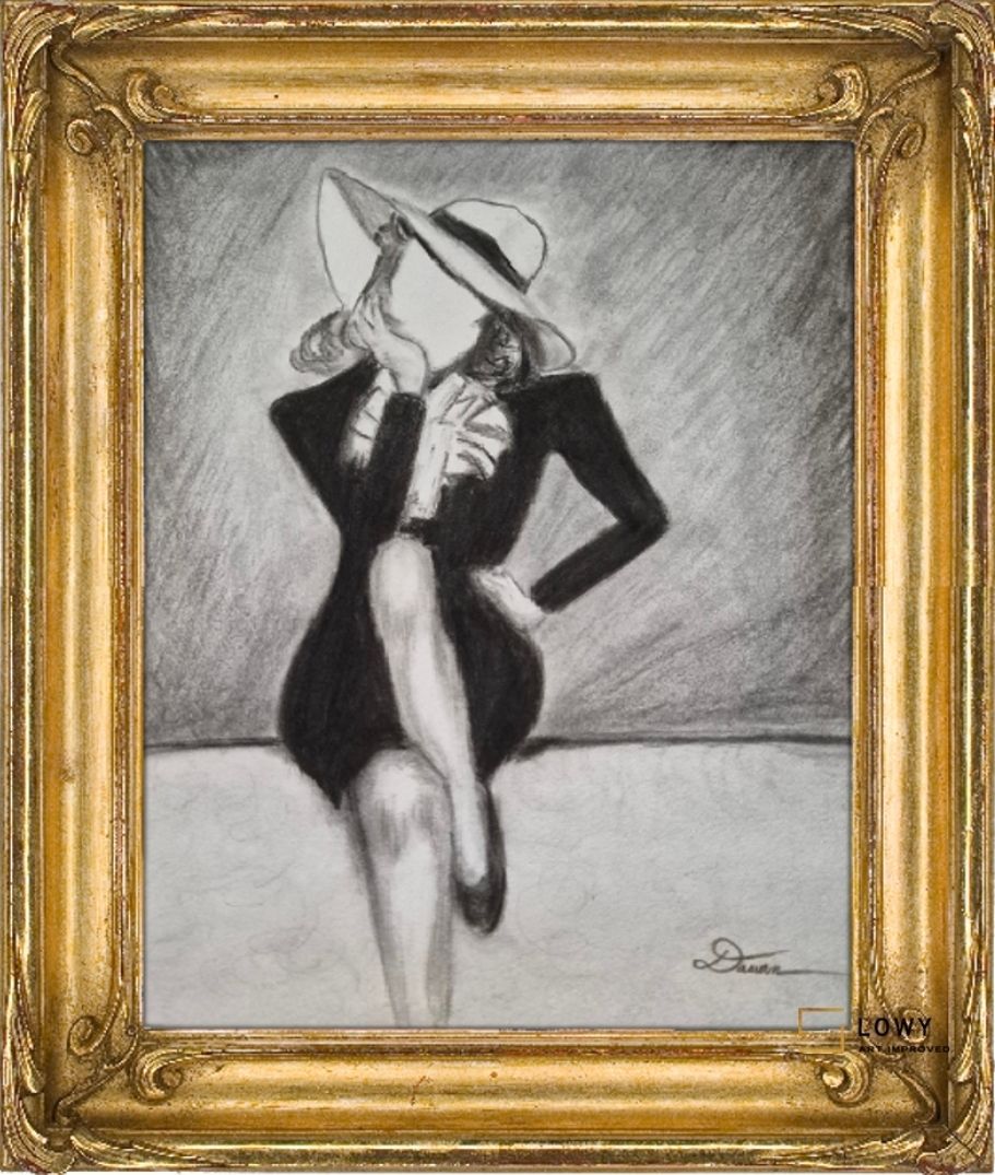 Framed black-and-white sketch of a dancing figure in a hat and suit.