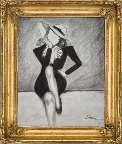 Framed black-and-white sketch of a dancing figure in a hat and suit.