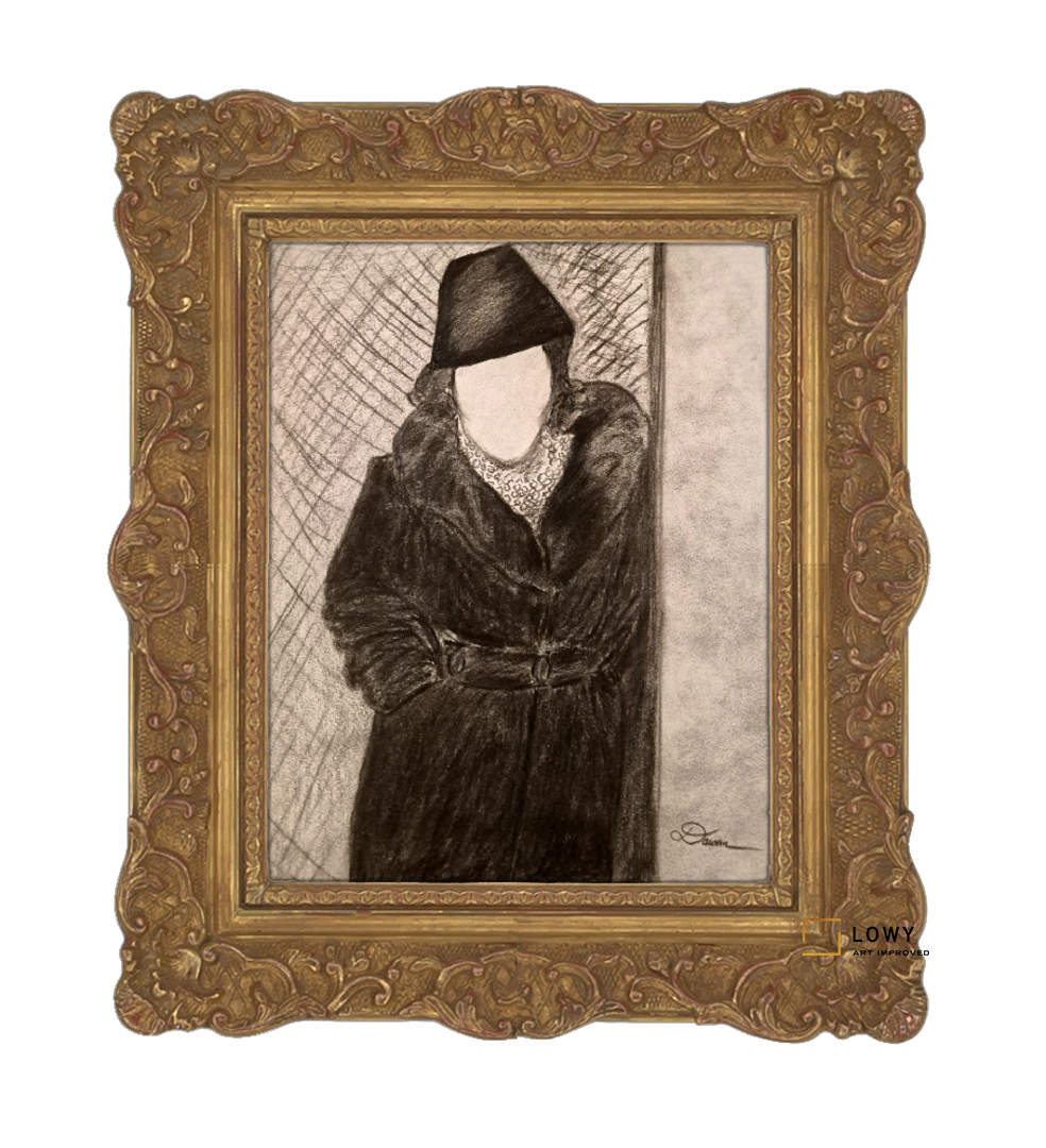 Framed sketch of a person in a dark coat and hat, rendered in black and white.