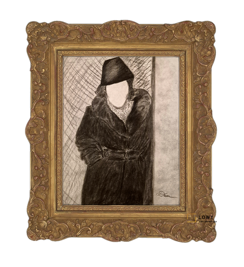 Framed sketch of a person in a dark coat and hat, rendered in black and white.