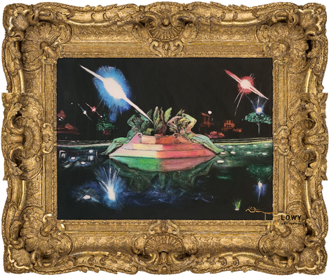 Gold ornate frame around a colorful neon sci-fi spaceship scene against a dark background