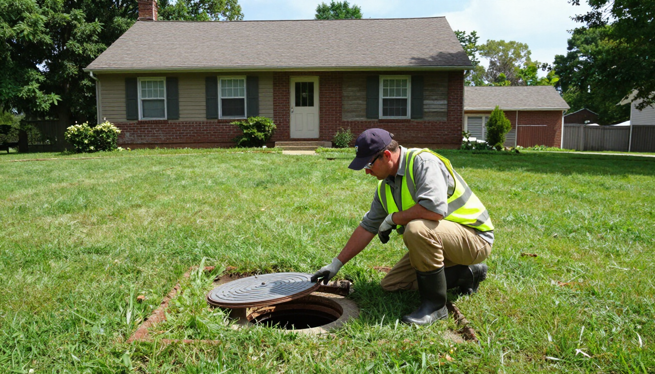 Worker in safety vest inspecting a manhole cover on a grassy lawn in front of a house