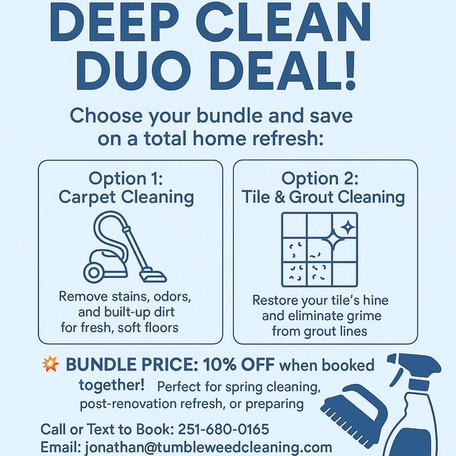 Blue flyer advertising “Deep Clean Duo Deal” for carpet and tile/grout cleaning with phone number and 10% off offer