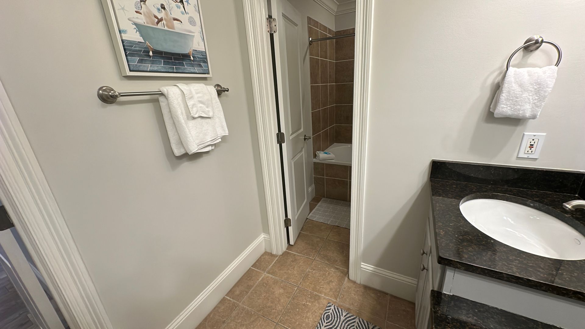 A bathroom with a white vanity, black countertop, sink, towel rack, and a doorway leading to a tiled shower area.