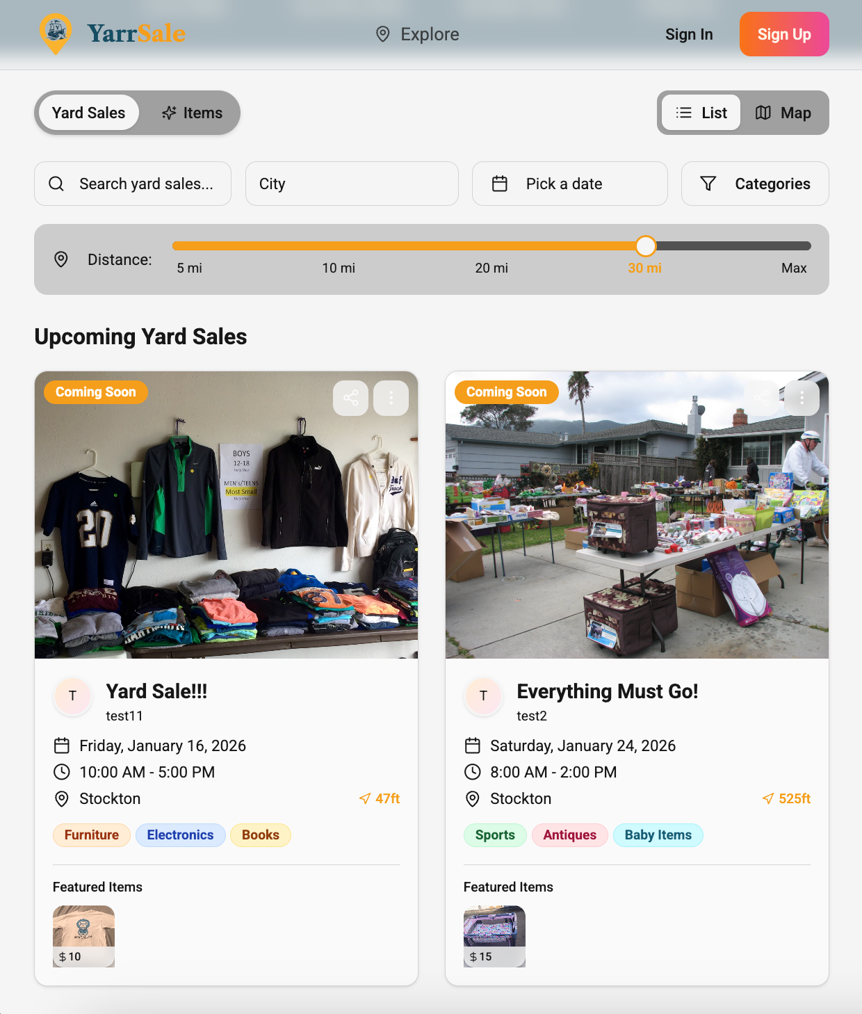 Yard sale website showcasing upcoming sales with photos and details.