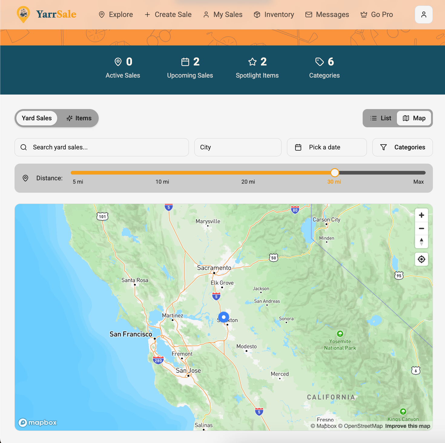 Map interface showing a section of California with filters for distance and categories, and navigation buttons.