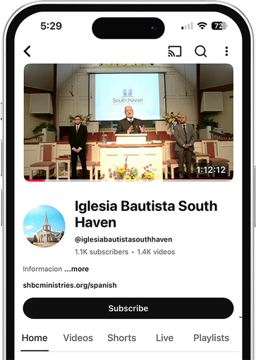 La pantalla de un teléfono inteligente que muestra el canal de YouTube de la Iglesia Bautista de South Haven.
