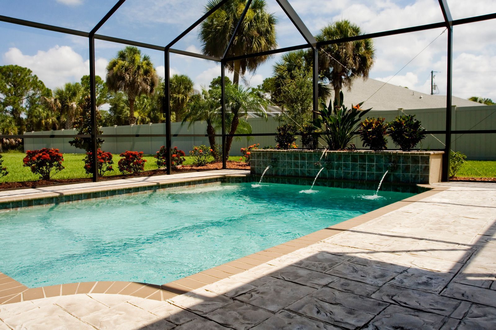 A large swimming pool is surrounded by palm trees and a screened in area