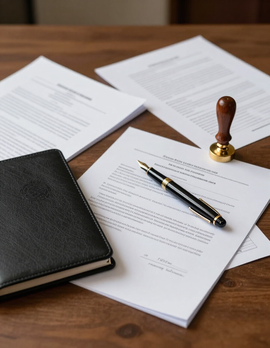 Documentos legales sobre un escritorio con un bolígrafo, un cuaderno y un sello.