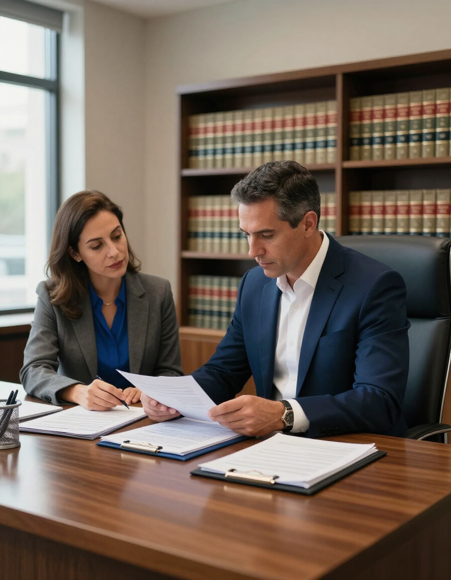 Dos profesionales revisando documentos en un escritorio en un despacho de abogados.