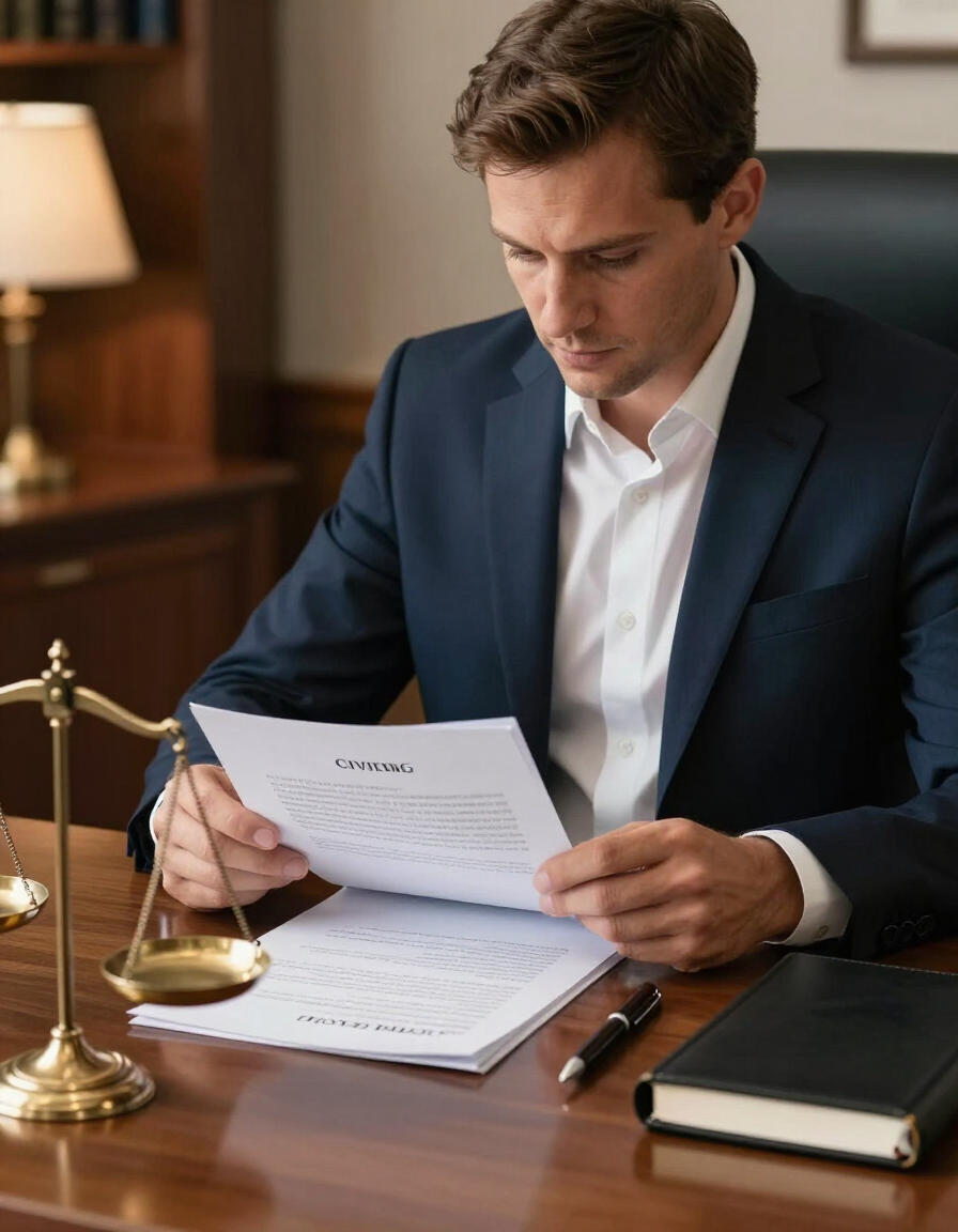 Un empresario revisa documentos en un escritorio con un mazo y libros de derecho cerca.