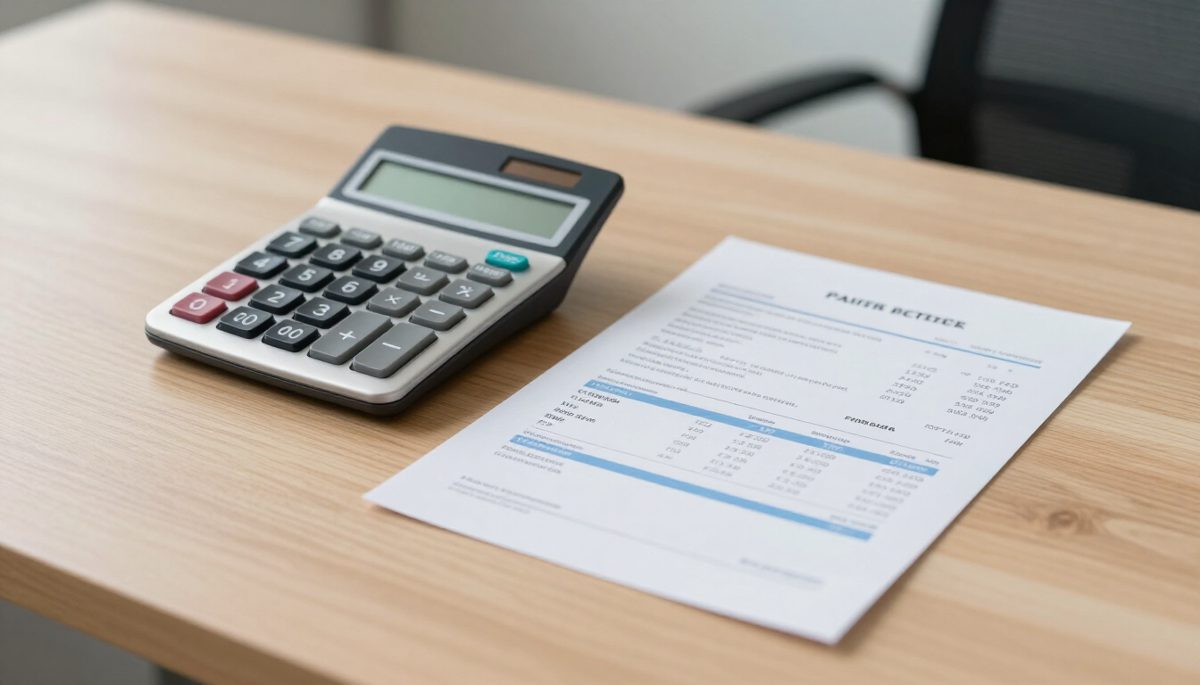 Calculadora y factura impresa sobre un escritorio de madera en un entorno de oficina.