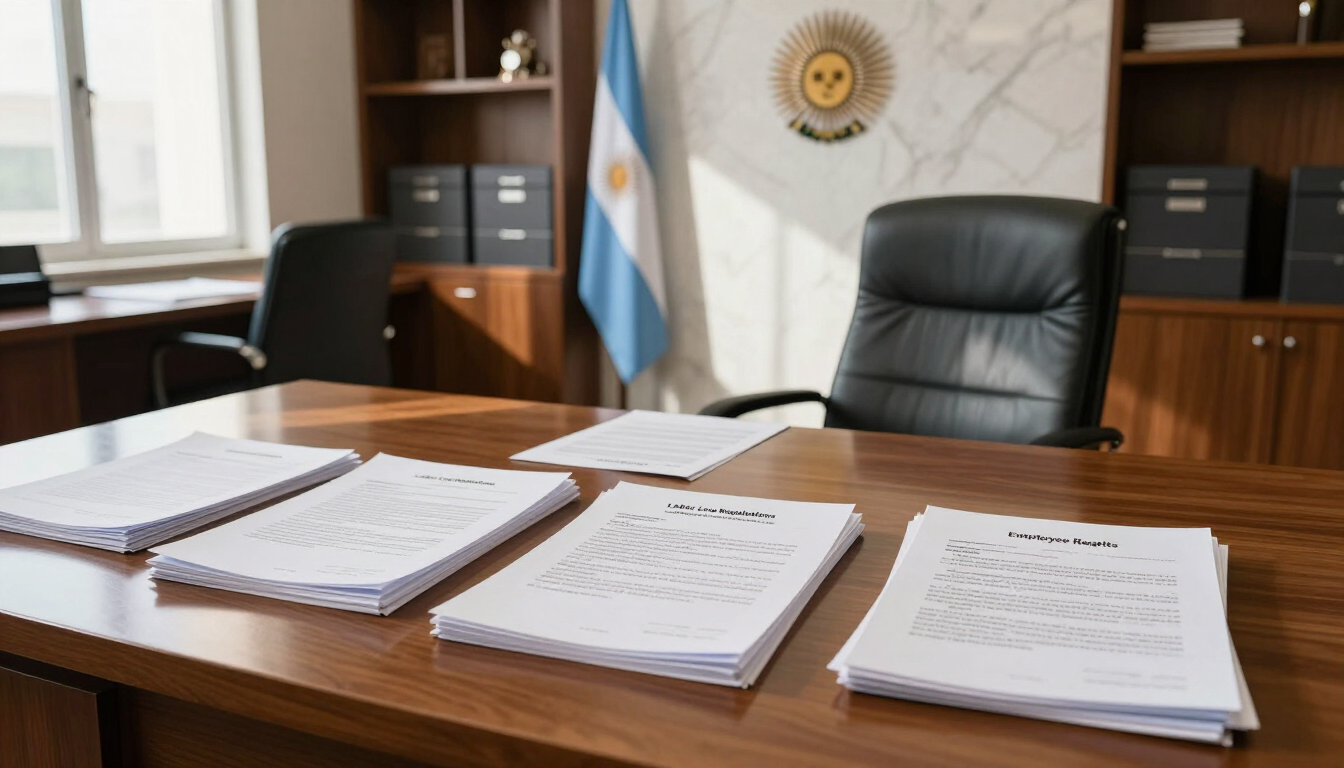 Documentos apilados sobre una mesa de conferencias de madera en una oficina con una bandera argentina.