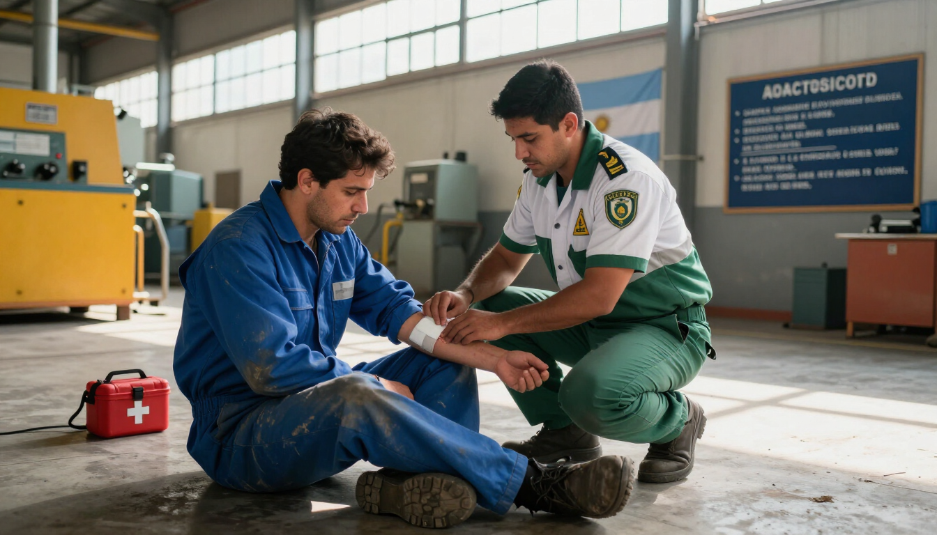 Dos trabajadores se arrodillan en el suelo de una fábrica, atendiendo un brazo lesionado en un taller industrial.