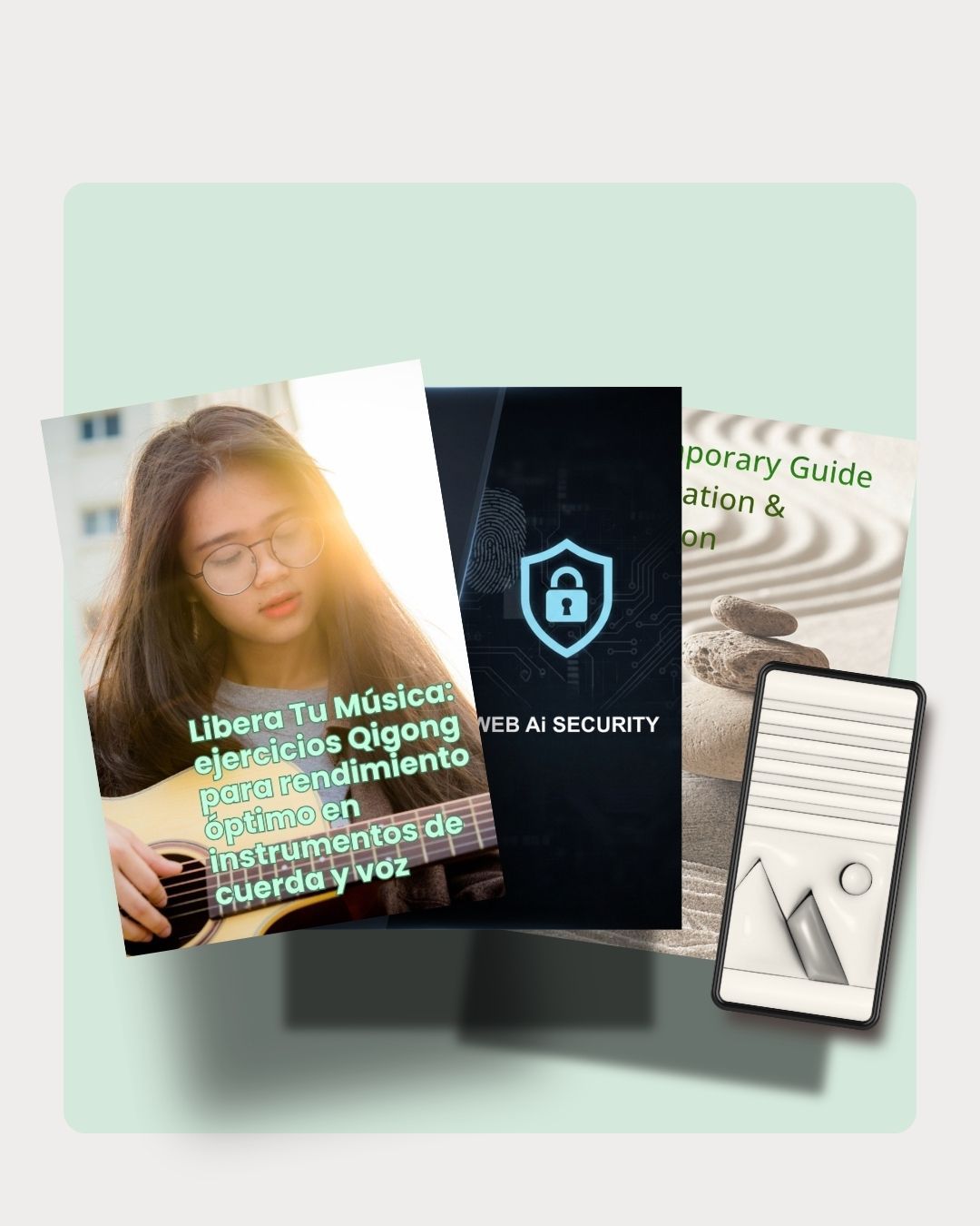 Three overlapping book covers featuring a musician, a cybersecurity shield icon, and a meditation guide on a light background.