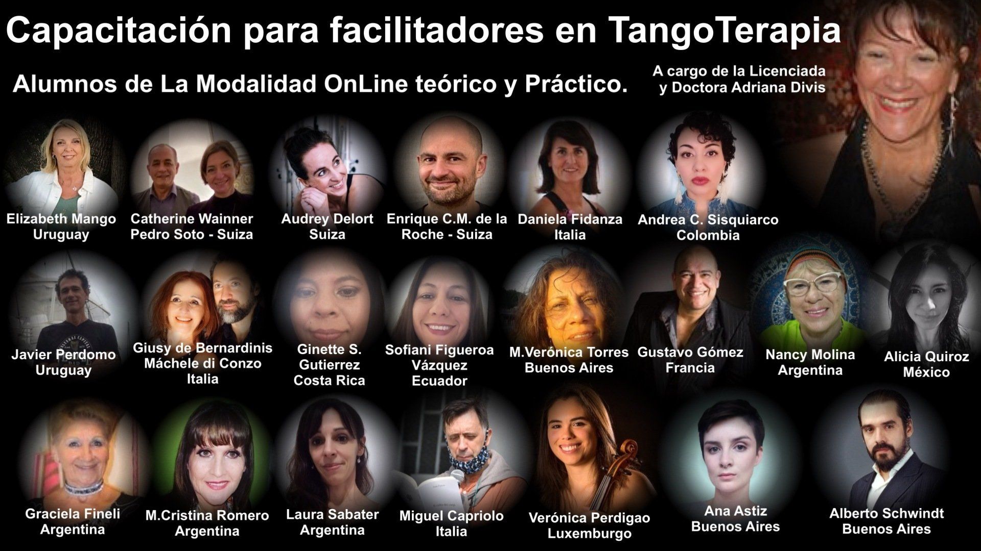 Foto grupal de facilitadores de Tangoterapia en línea. Incluye nombres de diferentes lugares.
