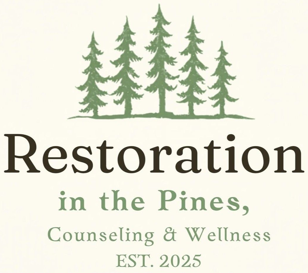 Logo for “Restoration in the Pines, Counseling & Wellness” with green pine trees and EST. 2025