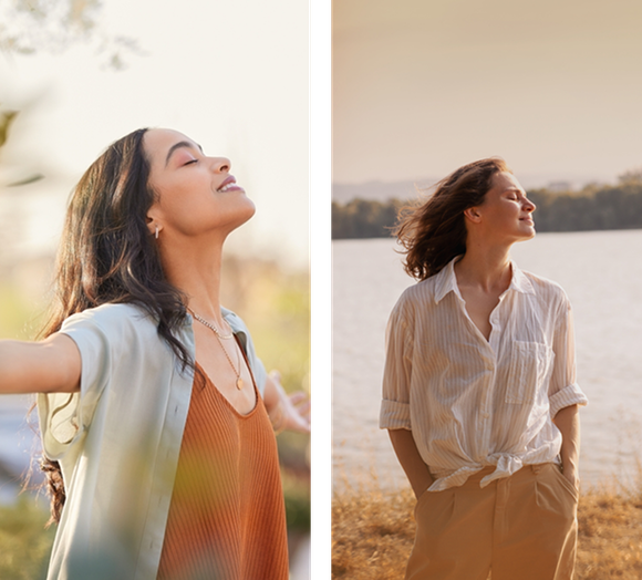 Split photo of a woman outdoors by the water, smiling with eyes closed in warm sunlight