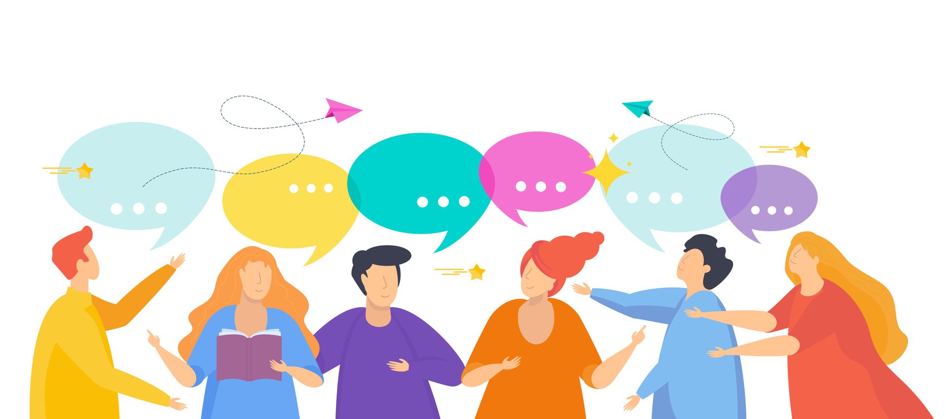 A group of people are standing next to each other with speech bubbles.
