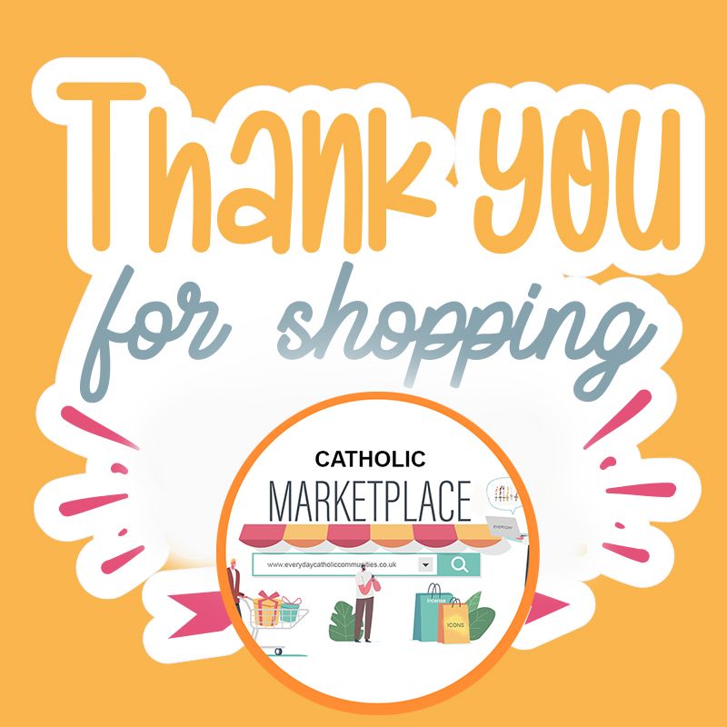 A sticker that says thank you for shopping catholic marketplace