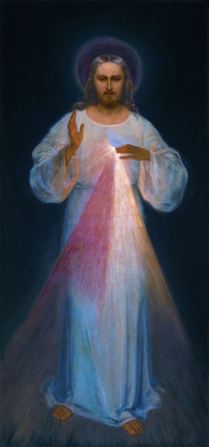 A painting of jesus with a light coming out of his chest.