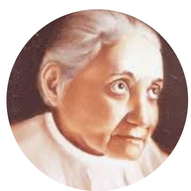 A close up of an older woman 's face in a circle.