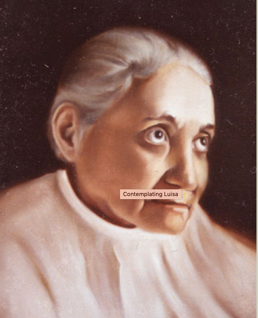 A painting of an elderly woman with the caption contemplating life