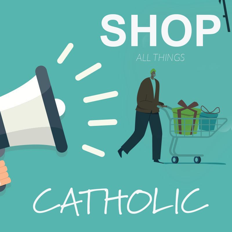 A man pushing a shopping cart with gifts and a megaphone behind him that says shop all things catholic
