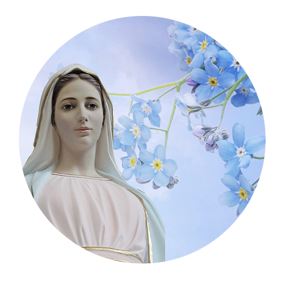 A statue of mary with blue flowers in the background