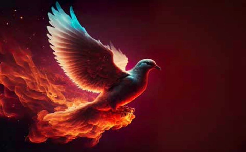 A white pigeon is flying through a cloud of fire.