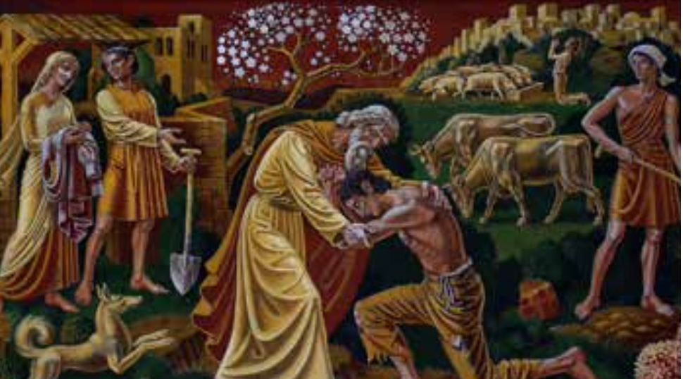 A painting of a man helping another man with a shovel.