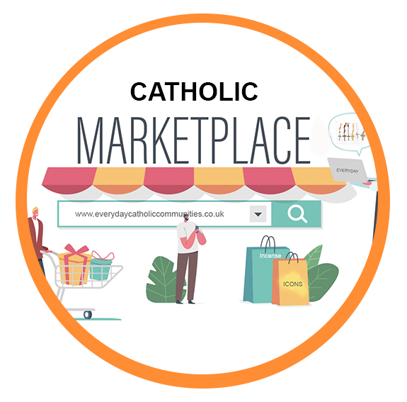 A catholic marketplace logo with a man looking at his phone