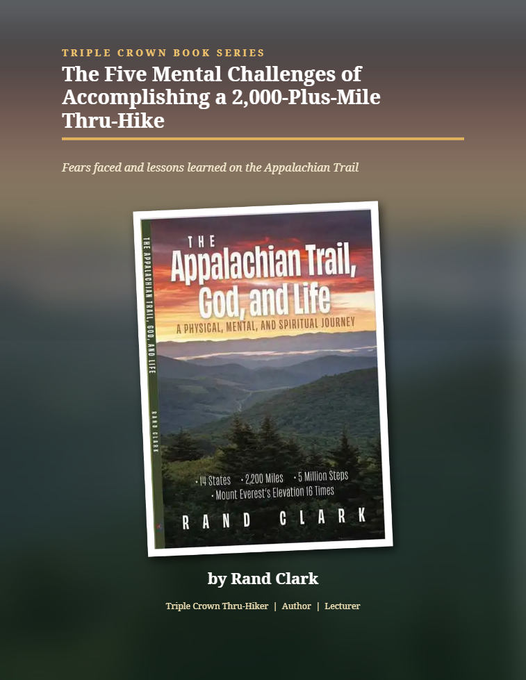 Book cover titled “The Five Mental Challenges of Accomplishing a 2,000-Plus-Mile Thru-Hike” with Appalachian Trail book image