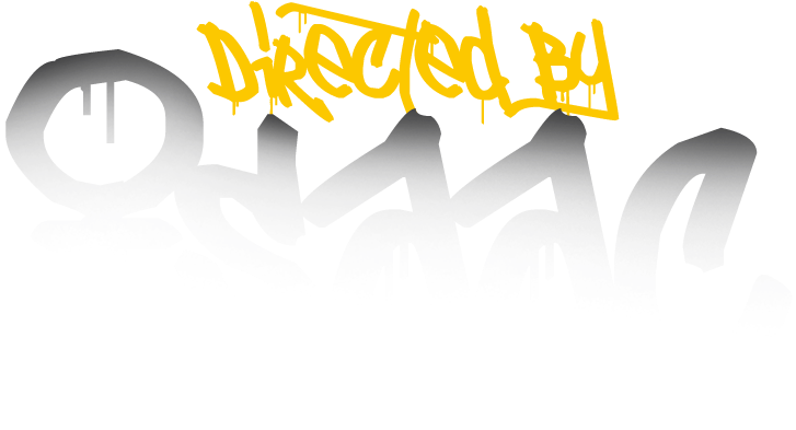 Yellow graffiti text over a gray stylized logo on a white background. 