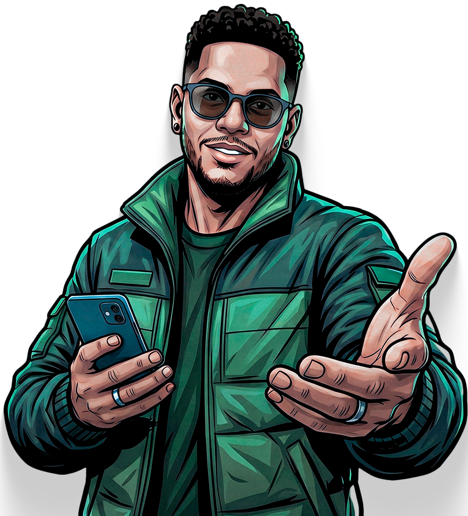Stylized portrait of a man in sunglasses and a green jacket, holding a smartphone and gesturing toward the viewer.