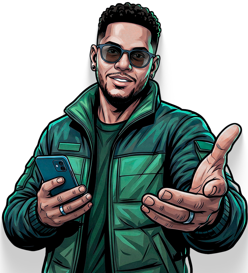 Stylized portrait of a man in sunglasses and a green jacket, holding a smartphone and gesturing toward the viewer.