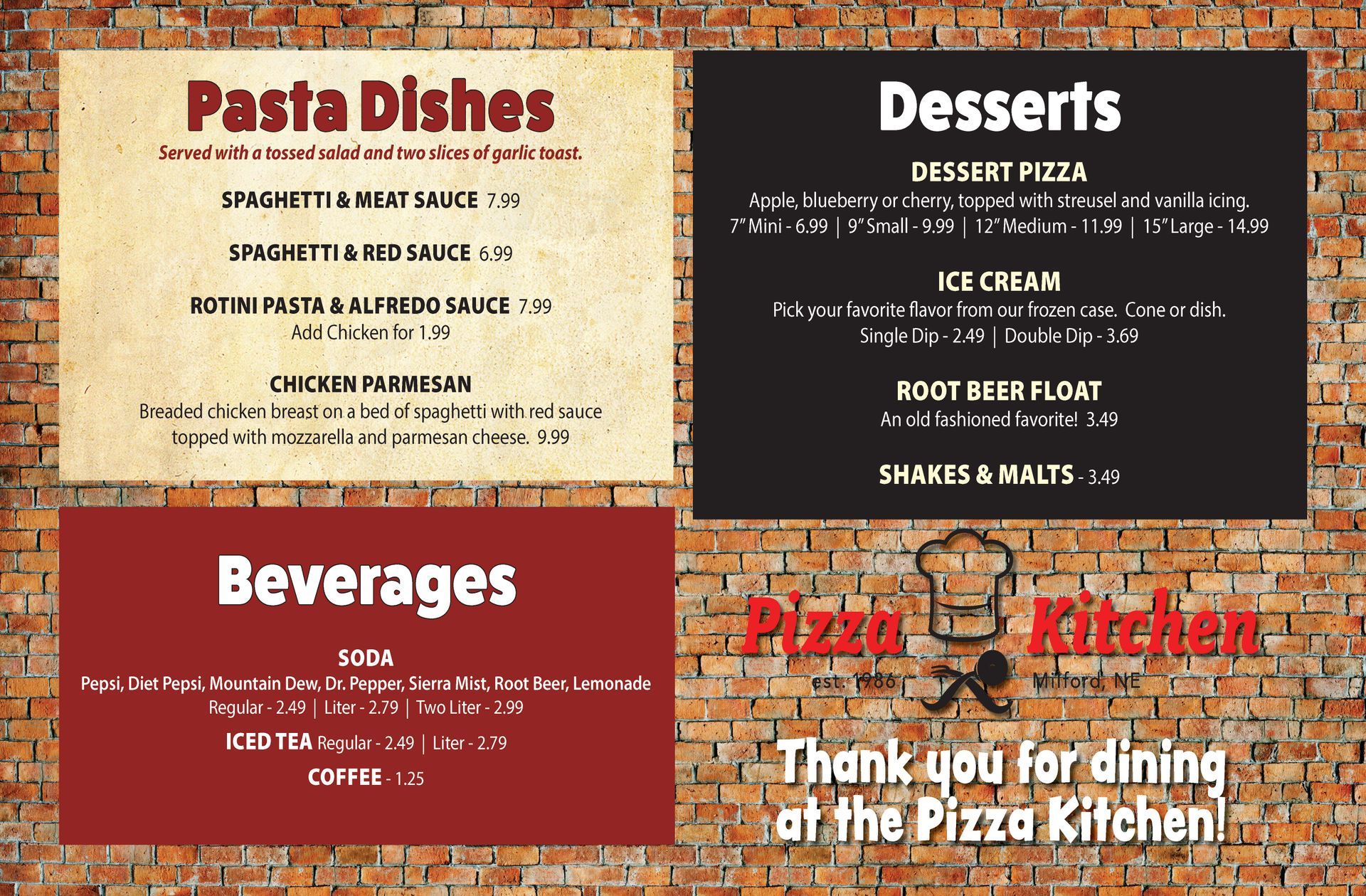 Pasta, Dessert and Beverage Menu — Milford, NE — Pizza Kitchen Pasta, Dessert and Beverage Menu — Milford, NE — Pizza Kitchen