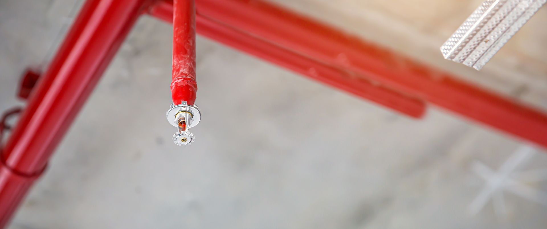 Close-up of a red fire sprinkler pipe and metal sprinkler head mounted on a concrete ceiling