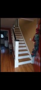 Wooden staircase with white railings in a home interior, viewed from the living room.
