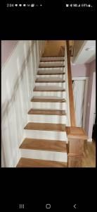 Indoor staircase with white risers, wooden treads, and a railing beside a hallway.
