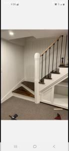 Basement stairway with white railings, dark carpeted steps, and an open under-stairs storage area.