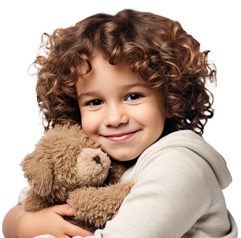 a little girl with curly hair is holding a teddy bear