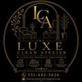 Black-and-gold Luxe Clean Atelier logo with LA monogram, furnishings, services, and contact details
