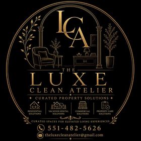 Black-and-gold Luxe Clean Atelier logo with LA monogram, furnishings, services, and contact details
